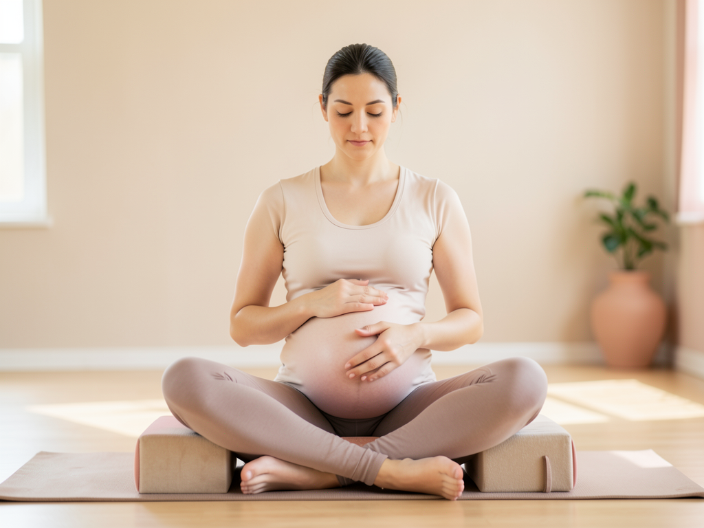 Femme enceinte r&eacute;alisant une posture de Yin Yoga adapt&eacute;e, cours pr&eacute;natal